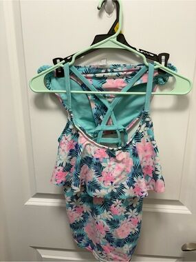 Island Soul Women’s Tropical Floral Tankini Swimsuit Set Ruffle EUC
